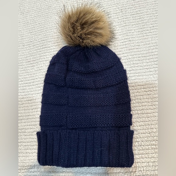 C.C Navy Unisex Chunky Soft Stretch Cable Knit Winter Hat with Faux Fur PomPom - Picture 2 of 6
